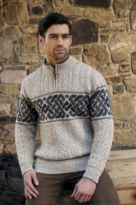Celtic Jacquard Sweater with Quarter Zip - Aran Islands Knitwear