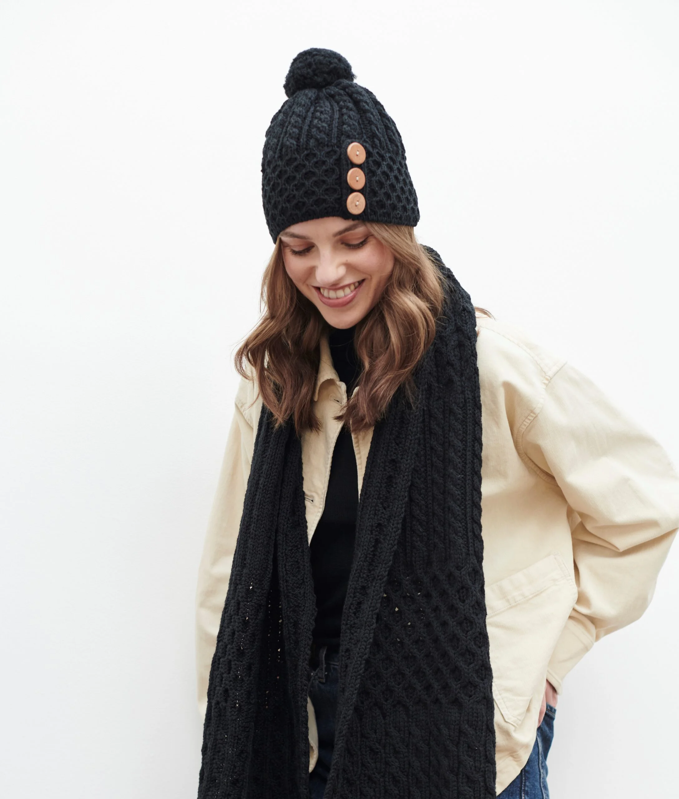 Honeycomb and Cable Knit Hat with Triskelion Buttons - Image 3
