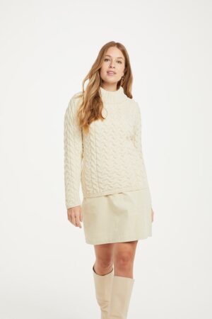 Cable Knit Sweater with Exaggerated Crew Neck