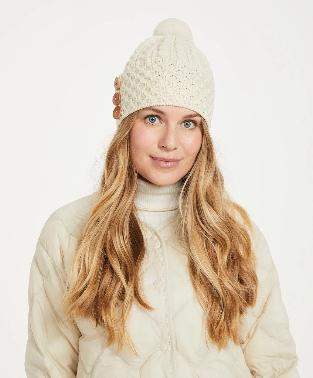 Honeycomb and Cable Knit Hat with Triskelion Buttons - Image 2