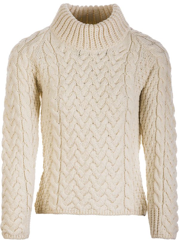 Cable Knit Sweater with Exaggerated Crew Neck - Aran Islands Knitwear