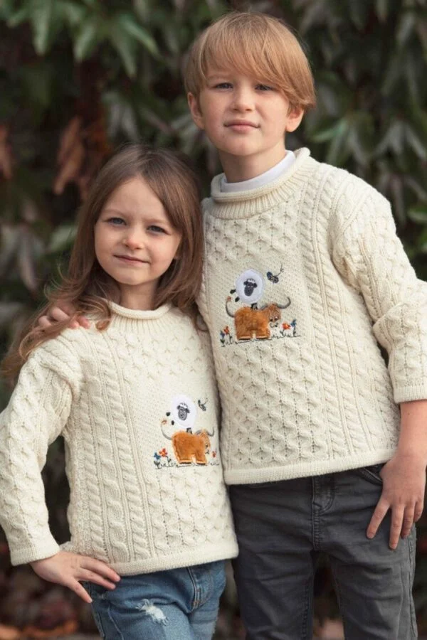 Children's Roll Neck Aran Sweater with Adorable Image