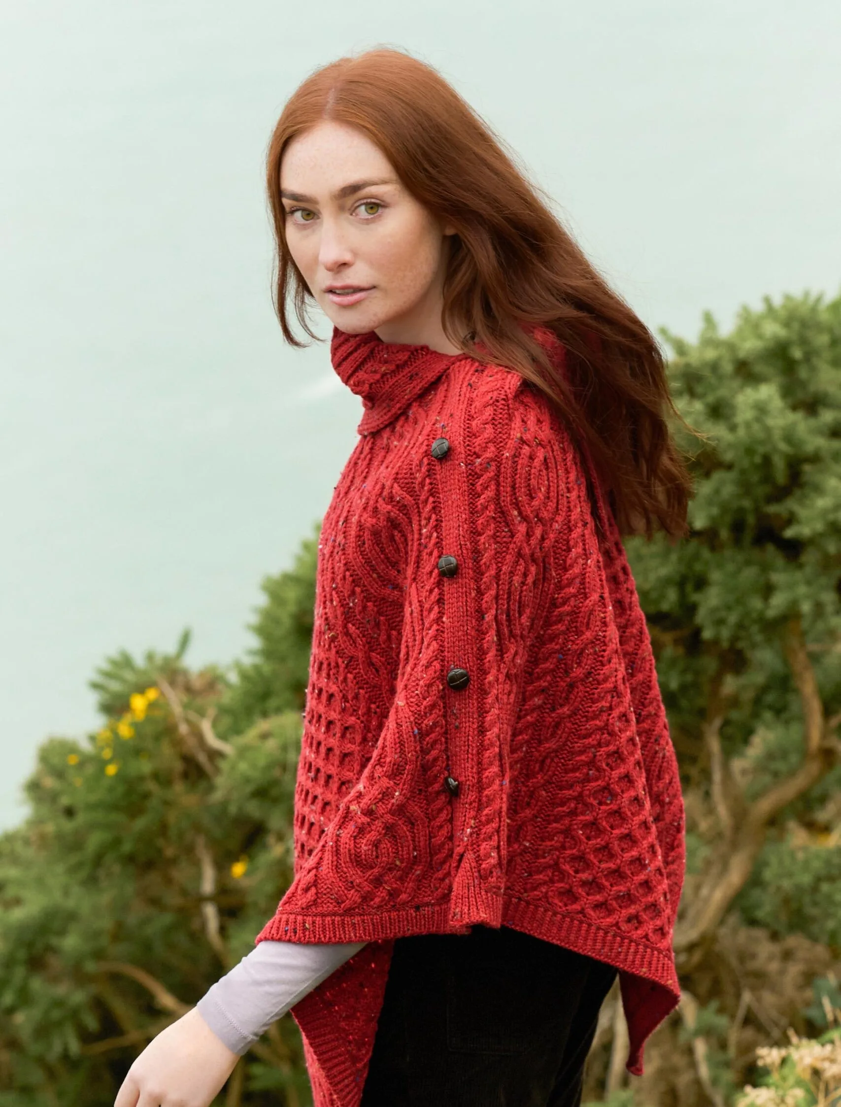Cowl Neck Poncho with Traditional Buttons - Image 4
