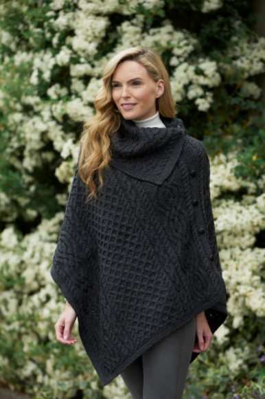 Cowl Neck Poncho with Traditional Buttons - Aran Islands Knitwear