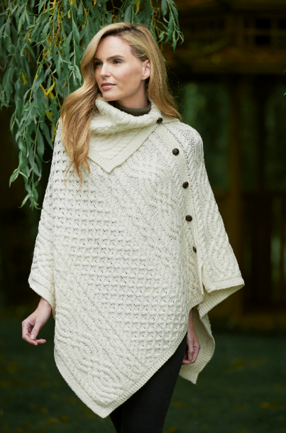 Cowl Neck Poncho with Traditional Buttons - Aran Islands Knitwear