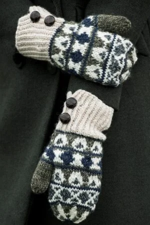 Hand Knit Patterned Mittens with Traditional Buttons