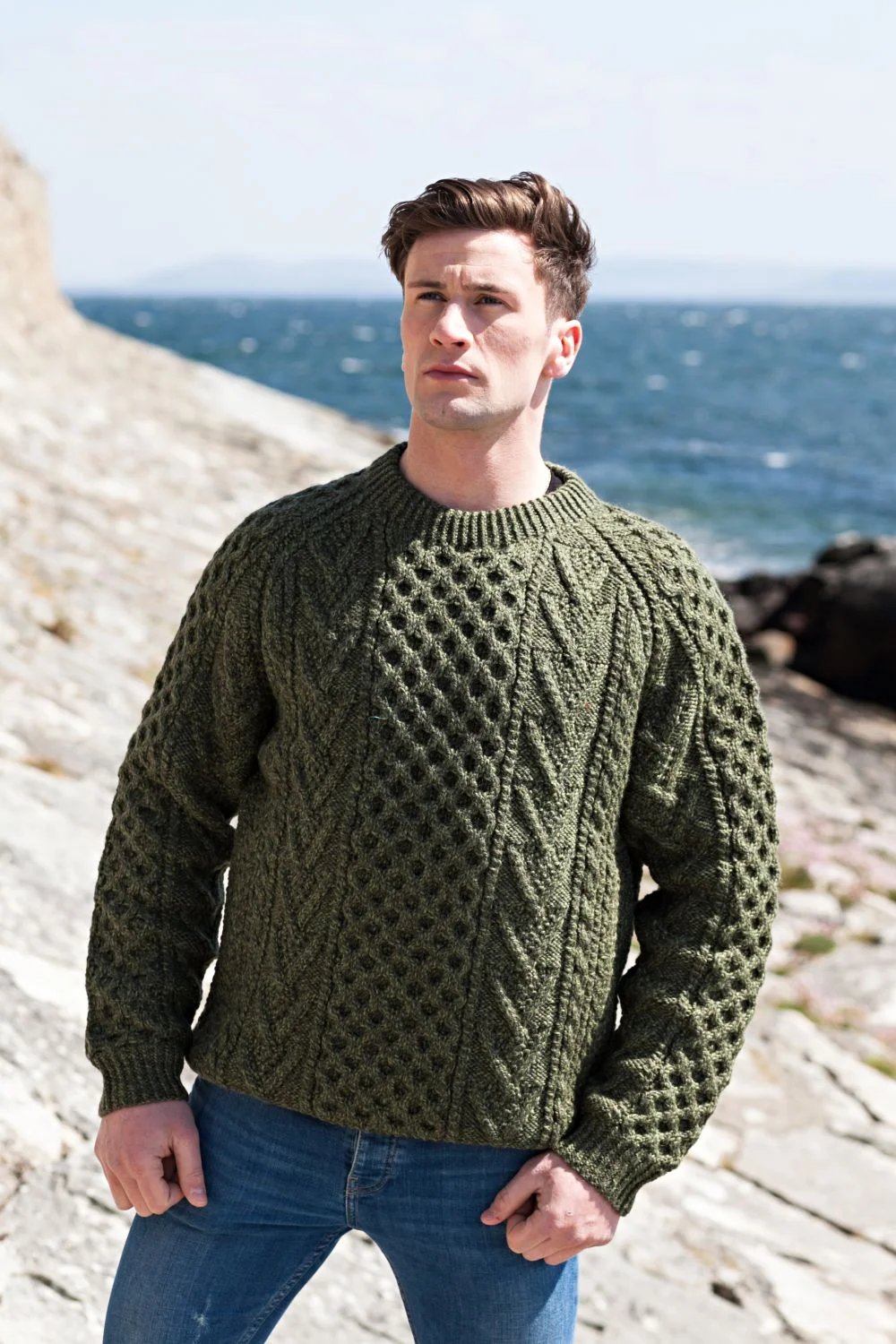 Hand Knit Aran Sweater with Crew Neck Aran Islands Knitwear