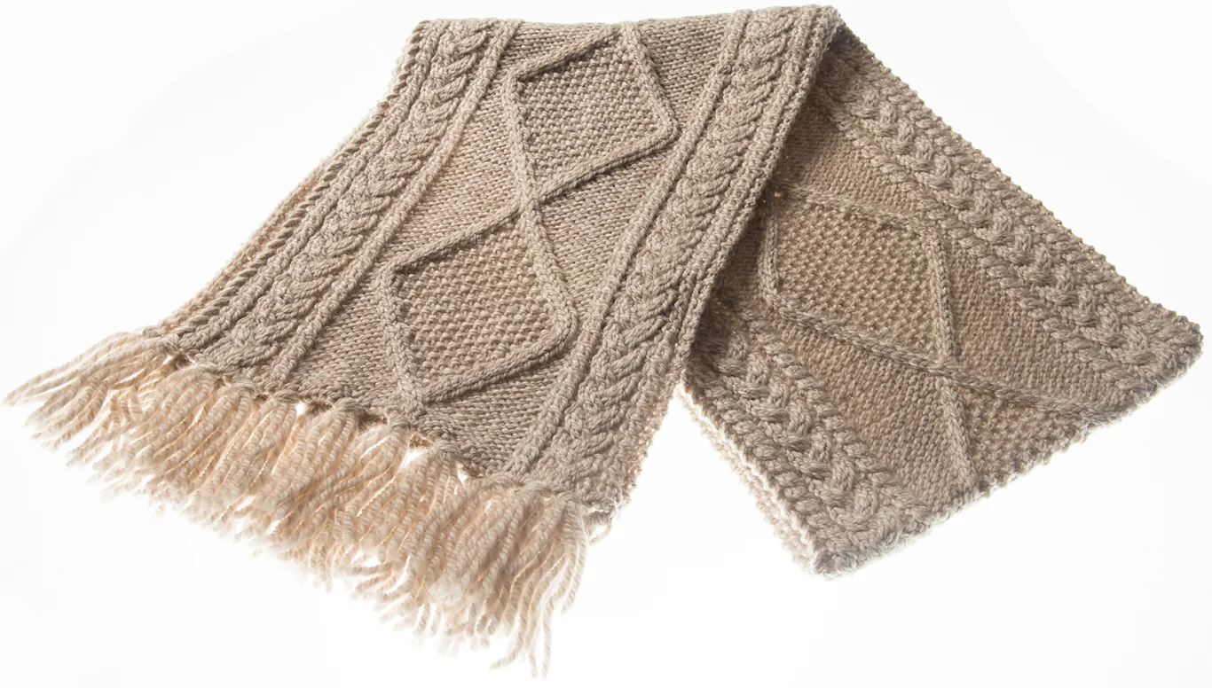 Hand Knit Aran Scarf with Diamond Pattern and Fringe Detail - Image 2