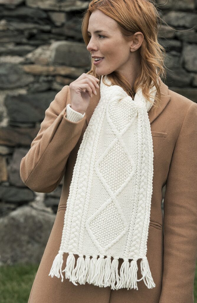 Hand Knit Aran Scarf With Diamond Pattern And Fringe Detail Aran Islands Knitwear 9879