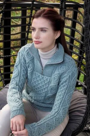 Ladies Aran Sweater with Quarter Zip